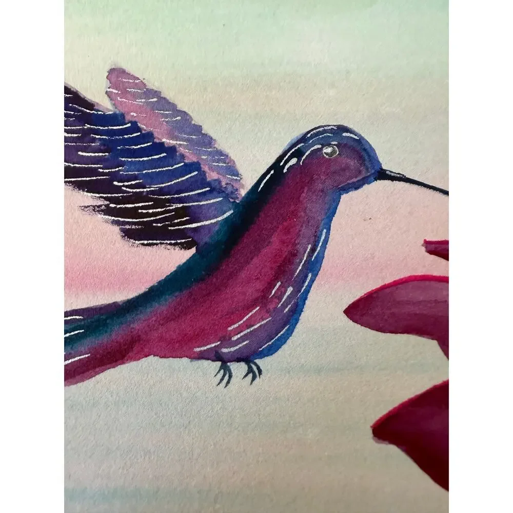 Hand painted watercolor original painting hummingbird in flight